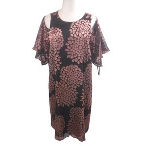 Jessica Howard Womens 14W Black Rose Gold Floral Burnout Cold Shoulder Dress